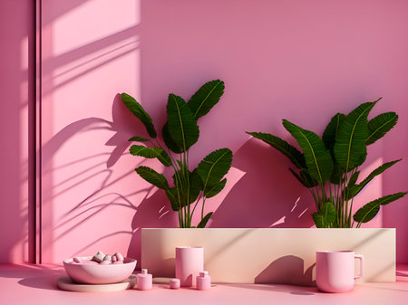 3d render of minimalistic bathroom interior with tropical plants and cosmetic productsの素材