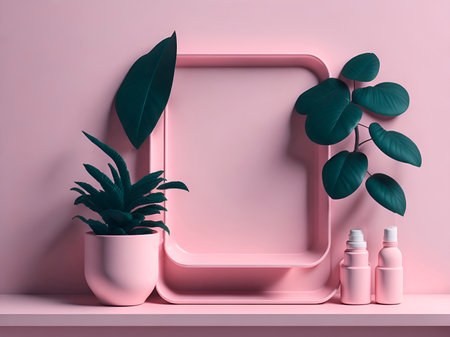 Realistic 3D rendering of an empty shiny light pink tray in front of an empty pastel pink wall with beautiful plants, sunlight, leaf shadow, skincare,generative AIの素材
