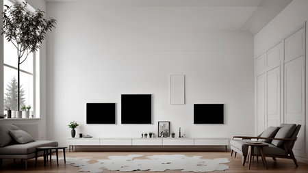 Interior of modern living room with white walls, wooden floor, white sofa and tv. 3d renderingの素材
