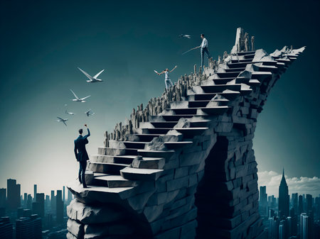 Conceptual image of two businesspeople standing on top of stairsの素材