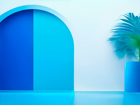 Minimalist blue room with arch and palm tree. 3D renderingの素材
