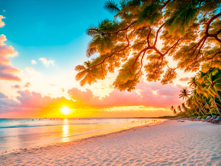 Beautiful tropical beach and sea with coconut palm tree at sunset time - Vintage Filter and Boost up color Processingの素材