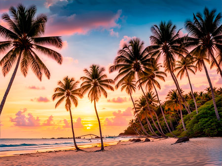 Beautiful tropical beach and sea with coconut palm tree at sunset time - Holiday Vacation conceptの素材