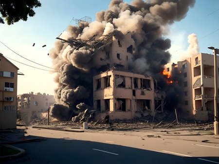 the bomb hits a residential building, clouds of fire break out of the smokeの素材