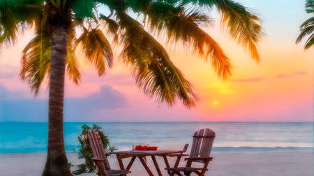 Beautiful Silhouette palm tree with table and chair around beach sea ocean at sunset or sunrise time for leisure travel and vacationの素材