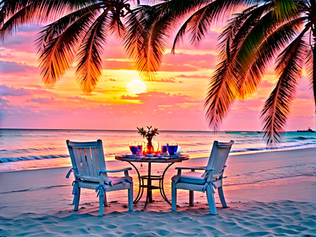 Beautiful tropical beach and sea with coconut palm tree at sunset time - Vintage Filter and Boost up color Processingの素材