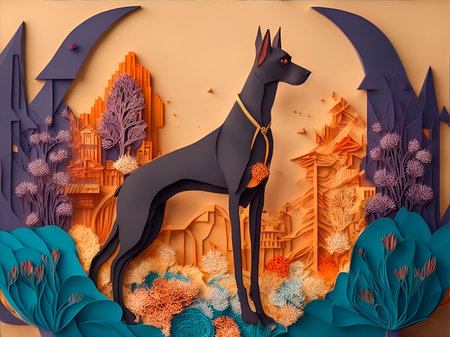 3d render of a black dog standing on the background of the cityの素材