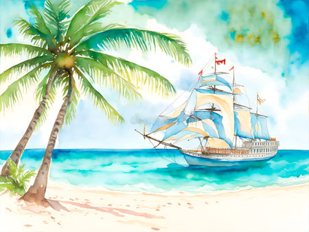 Sailing ship on the beach. watercolor illustration for your designの素材