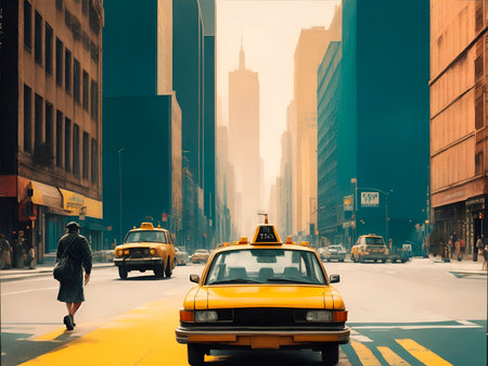 Yellow taxi on the streets of New York City.empty city street, taxi on the side of the road, risography style - faded colors with graininess, large and exaggerated figuresの素材