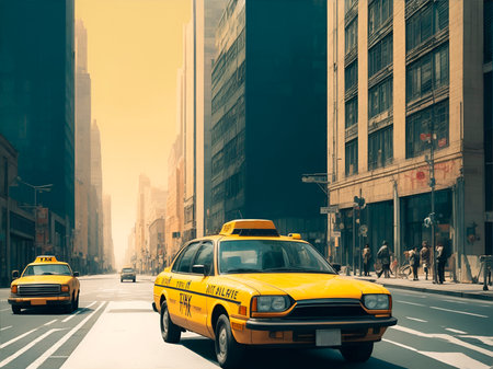 Yellow taxi car on a street in New York City. empty city street, taxi on the side of the road, risography style - faded colors with graininess, large and exaggerated figuresの素材