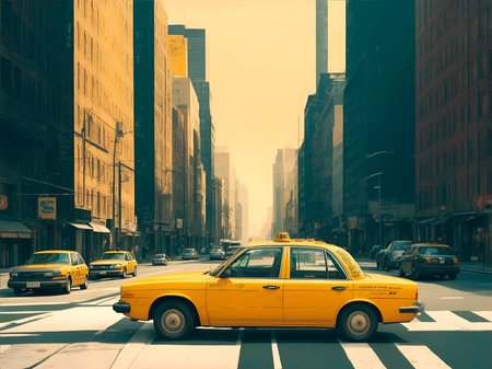 Taxi in New York City, USA. 3D Rendering empty city street, taxi on the side of the road, risography style - faded colors with graininess, large and exaggerated figuresの素材