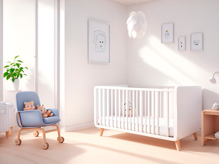 3d rendering of a white baby room with a crib and toysの素材