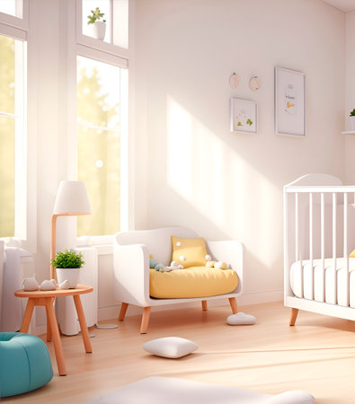 3d render of children's room interior with furniture and window.の素材