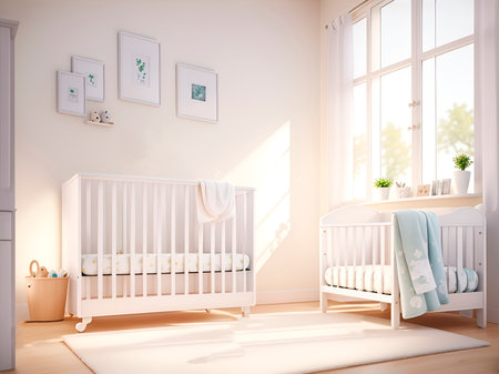 3d rendering of a white baby room with a crib and postersの素材
