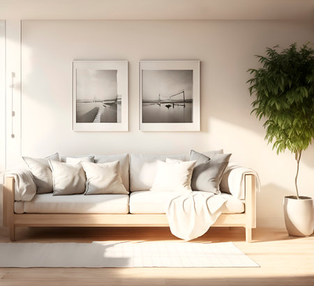 modern living room interior design, 3d render illustration mock up with white sofaの素材