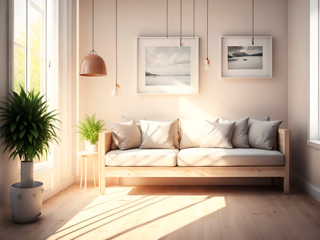 interior with sofa. 3d render illustration mock-up.の素材