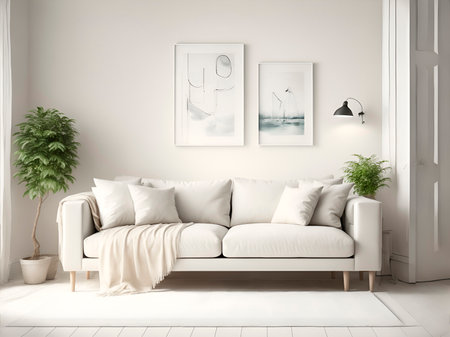 Living room interior with white sofa and posters. 3d rendering.の素材