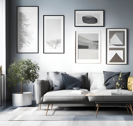Living room interior with gray sofa, coffee table and poster frames. 3d renderingの素材