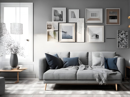 Living room interior with gray sofa and pictures on the wall. 3d renderingの素材