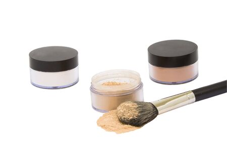 Jars with make-up powder and brush isolated