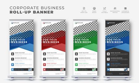 Corporate business modern roll up stand banner design, pull up vector creative x stand template with geometric shapeのイラスト素材