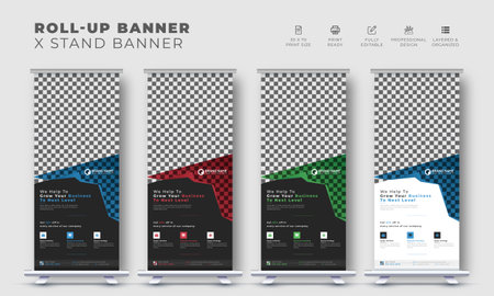 Corporate business modern roll up stand banner design, pull up vector creative x stand template with geometric shapeのイラスト素材