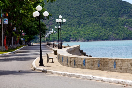 Oceanfront Boardwalk and Sea Wall on Con Dao Island, Vietnamのeditorial素材