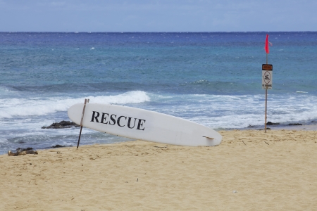 Rescue and Swimming Warning Signs Hawaii Beachの写真素材