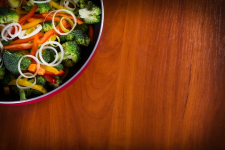 close-up of frying vegetables in panの写真素材