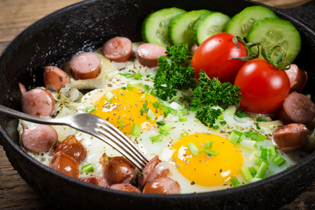 Tasty breakfast - two fried eggs with sausages in panの写真素材