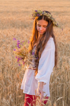 Girl walking with sheaf on wheat field at sunset, touching the eの写真素材