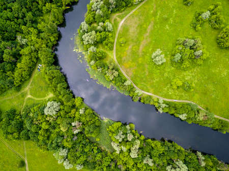 Aerial view to summer forest and river Seversky Donetsの写真素材