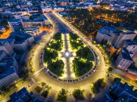 Aerial evening view to Svobody square and Derzhprom in Kharkiv, Ukraineの写真素材
