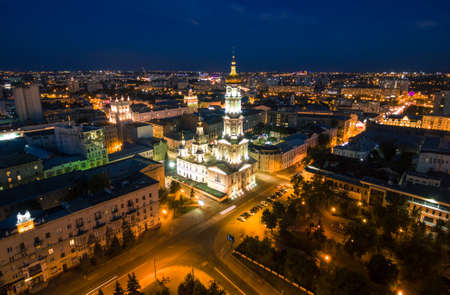 Night aerial view to Holy Dormition Cathedral in Kharkiv