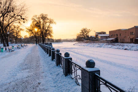 Winter view to snowy embankment of Lopan river in Kharkiv, Ukraineの写真素材