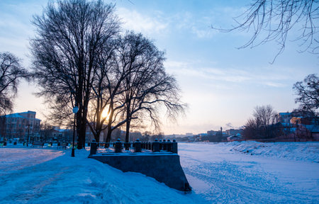 Winter view to snowy embankment of Lopan river in Kharkiv, Ukraineの写真素材