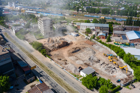 Kharkiv, Ukraine - 23 may 2021: Aerial view of ruined old building after demolishingのeditorial素材