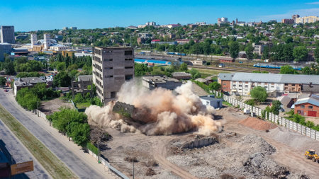 Kharkiv, Ukraine - 23 may 2021: Aerial view of collapsing old building after undermining