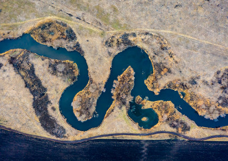 top view to river bend at autumn valley, Ukraineの写真素材