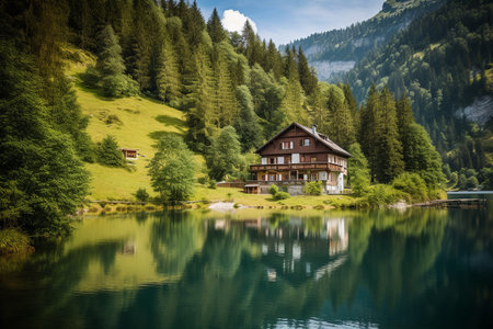 Beautiful swiss landscape with house, lake, mountains and pine trees, Switzerland summer landscape background, AI generativeの素材