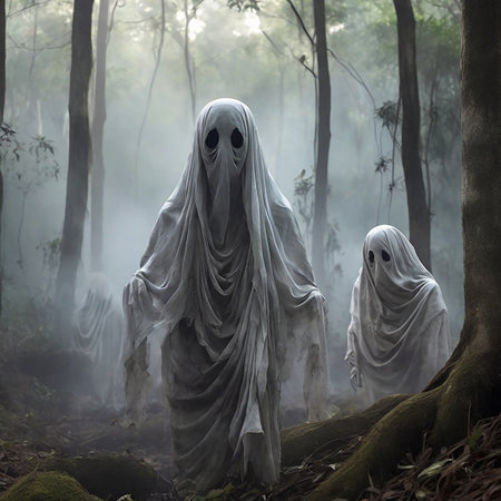Ghosts in the forest. Halloween concept. 3d rendering.の写真素材