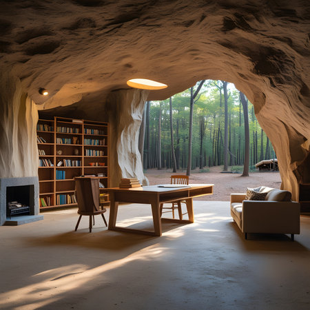 Interior of a cave in the forest with a bookcase and a chairの素材