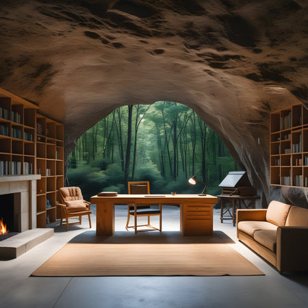 3d rendering of a living room in a stone cave with a fireplaceの素材