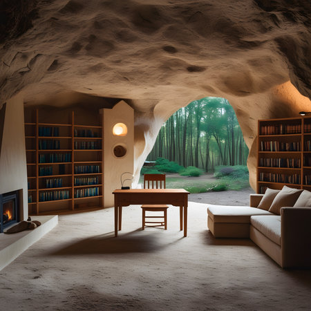 Modern interior of a room in a cave. 3D rendering.の素材