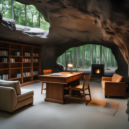 Interior of a room with a cave and a fireplace. 3D renderingの素材