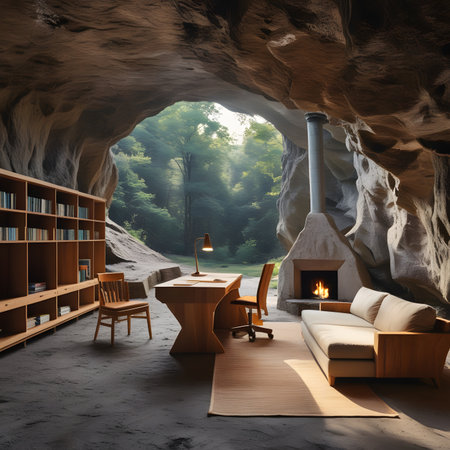 Interior of a cave with a bookcase. 3d renderingの素材