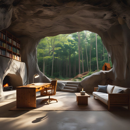 Interior design of a cave in the woods. 3d renderingの素材
