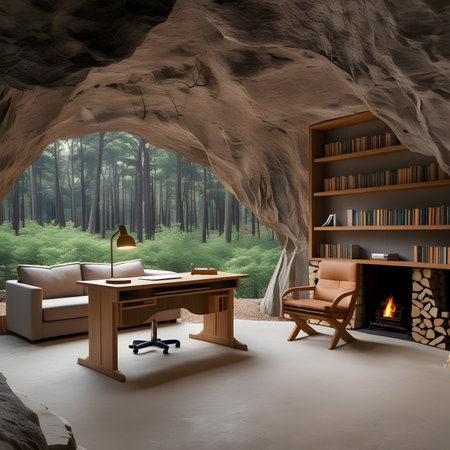 Interior of a cave with a fireplace and a comfortable armchairの素材