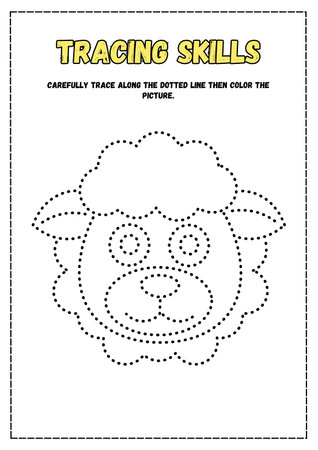 Tracing worksheet for kids with a picture of a lion.の素材