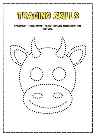 Tracing worksheet for preschool children with a picture of a cow.の素材